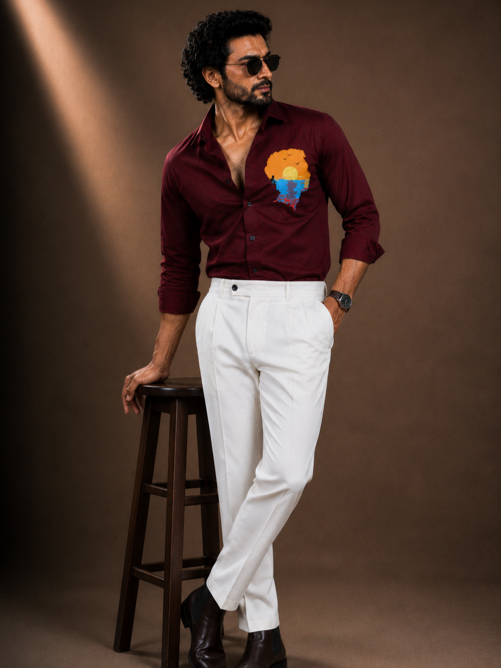 MAROON EMBROIDERED DESIGNER SATIN COTTON SHIRT MEN'S