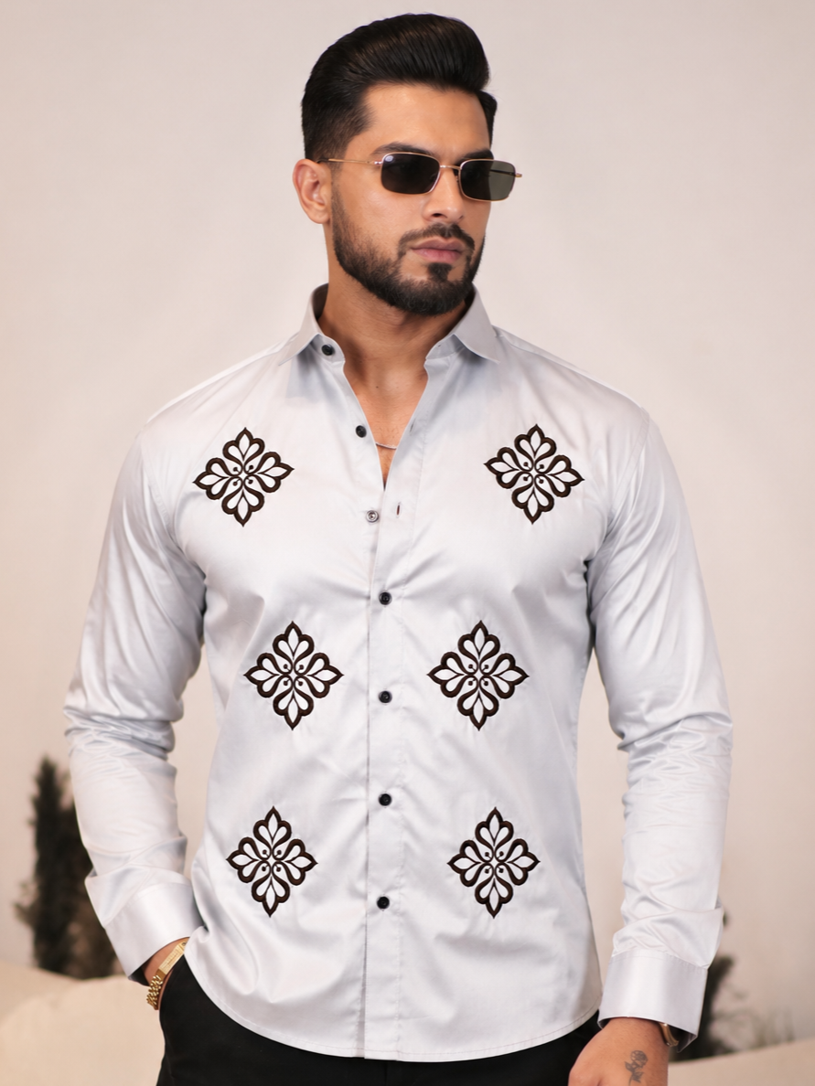 GREY EMBROIDERED DESIGNER SATIN COTTON SHIRT MEN'S