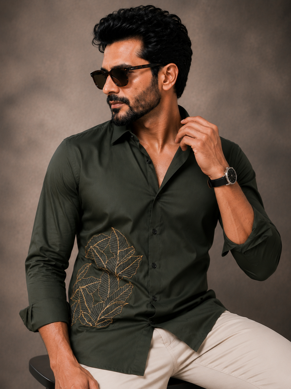 OLIVE EMBROIDERED DESIGNER SATIN COTTON SHIRT MEN'S
