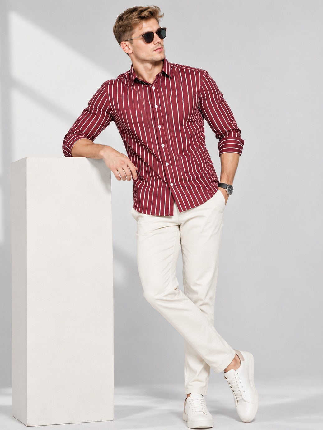 Men Classic Maroon Striped Formal, Casual Wear Shirt