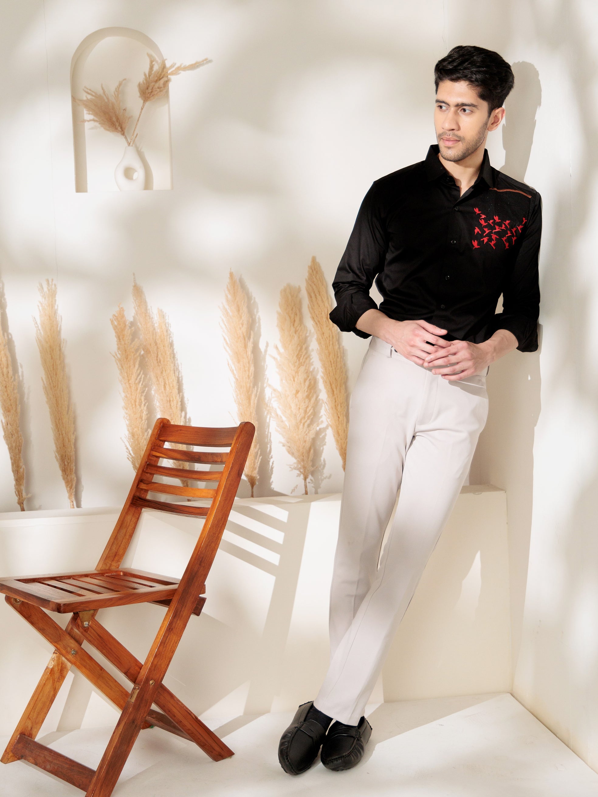 FOOMER BLACK EMBROIDERED DESIGNER WEAR SATIN COTTON SHIRT FOR MEN