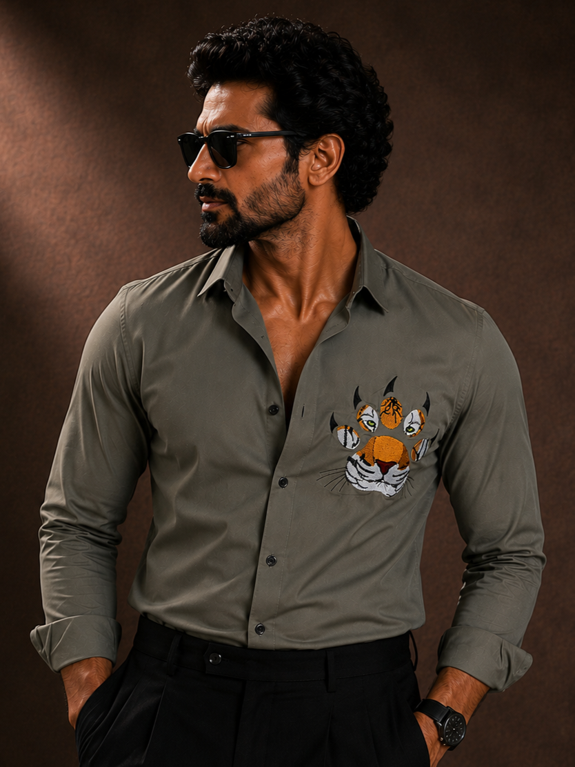 GREEN EMBROIDERED DESIGNER SATIN COTTON SHIRT MEN'S