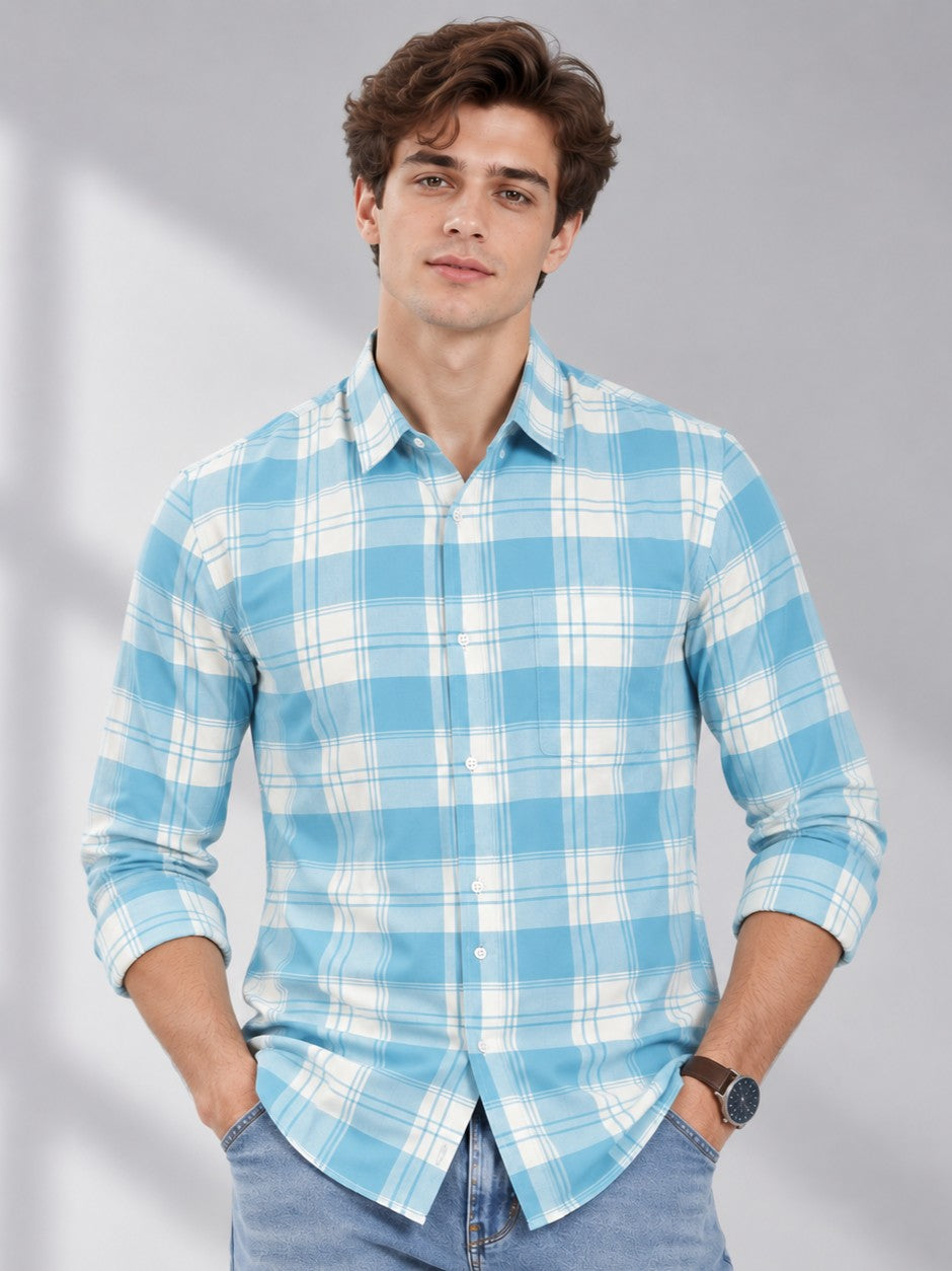 Men's Aqua Checked Casual and Formal Shirt