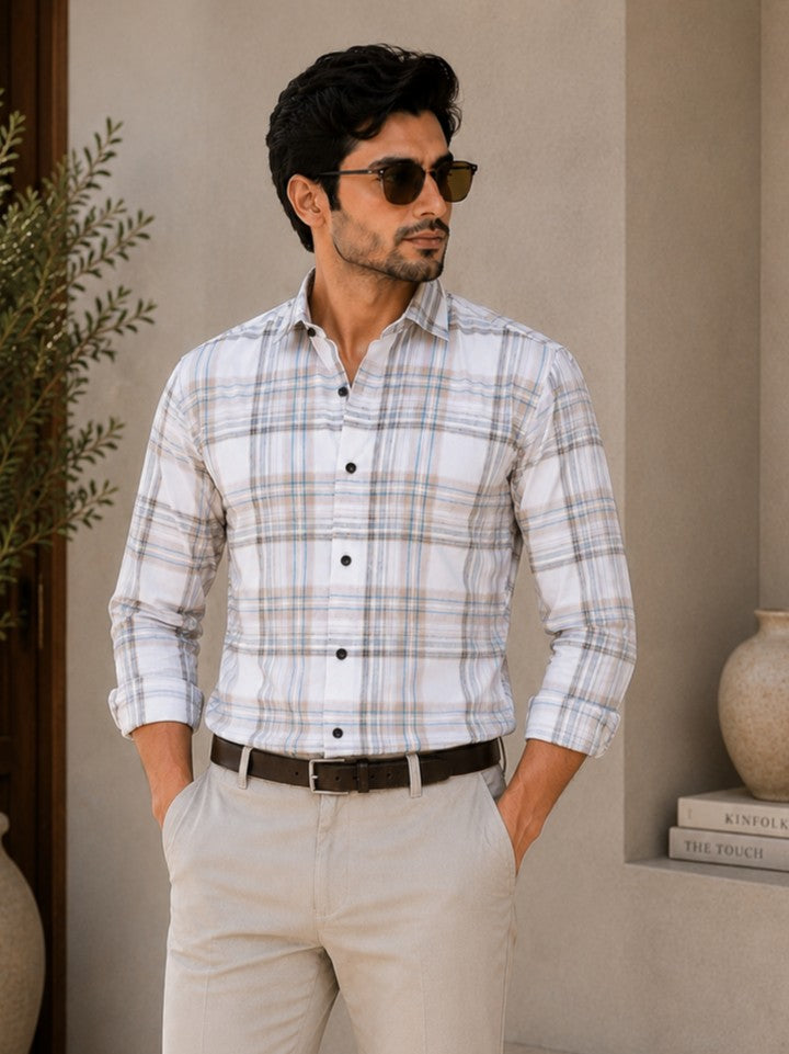 BOX BROWN CHECKED COTTON CASUAL SHIRT FOR MEN'S