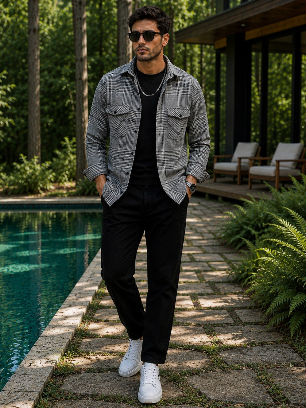 FOOMER GREY GLEN CHECKED CASUAL SHIRT FOR MEN'S