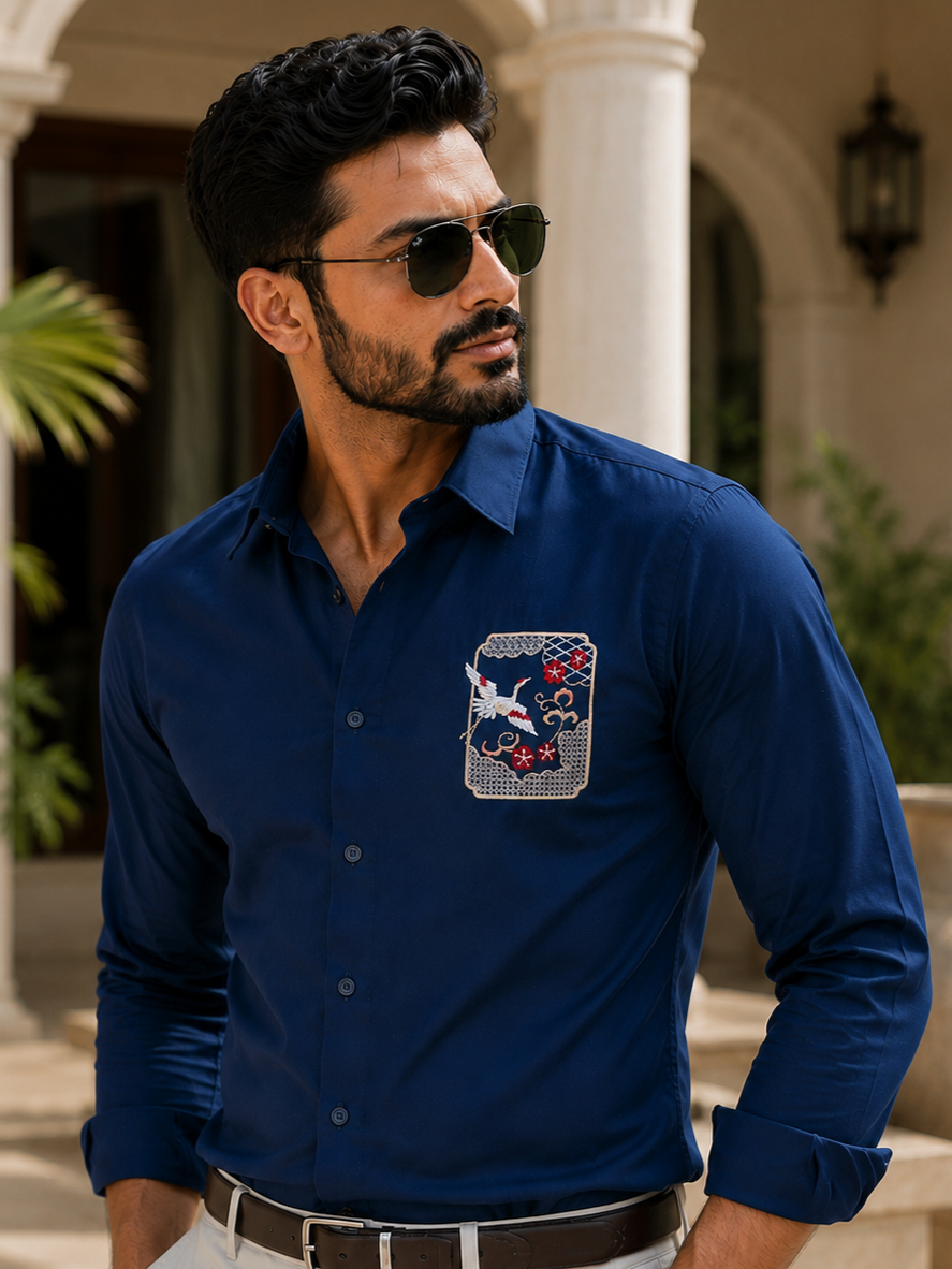 NAVY BLUE EMBROIDERED DESIGNER SATIN COTTON SHIRT MEN'S