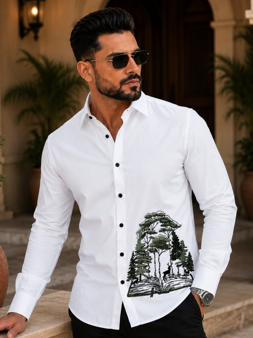 WHITE EMBROIDERED DESIGNER SATIN COTTON SHIRT MEN'S