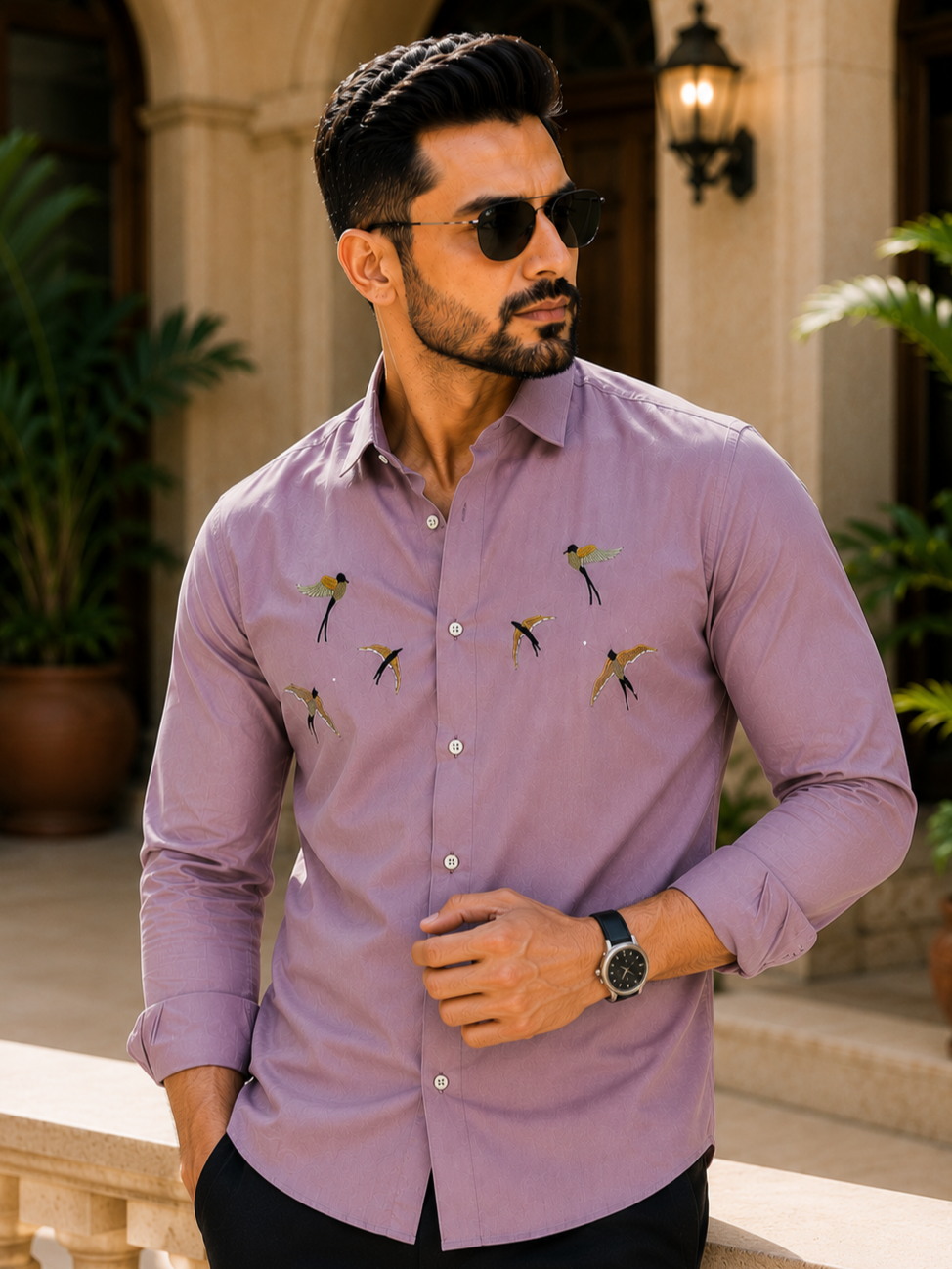 MAGENTO BIRDS EMBROIDERED DESIGNER SATIN COTTON SHIRT MEN'S