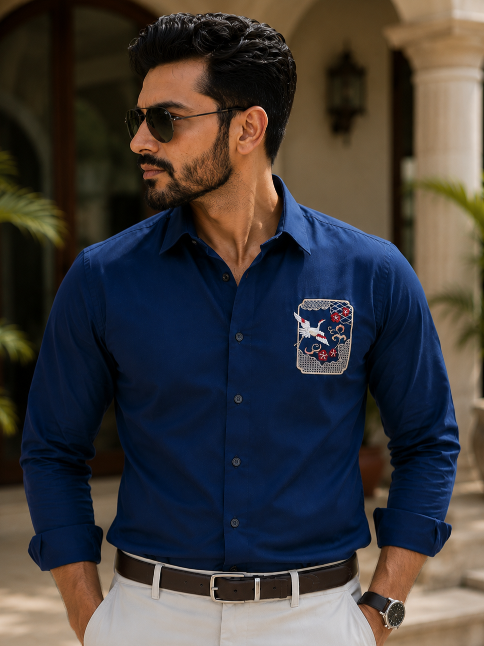 NAVY BLUE EMBROIDERED DESIGNER SATIN COTTON SHIRT MEN'S