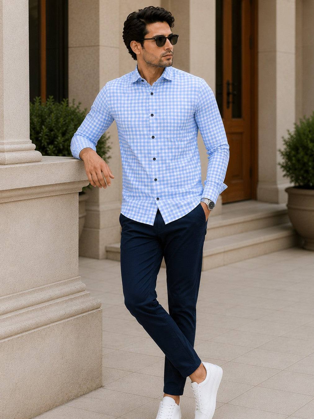 SKY CHECKERED PRINTED COTTON CASUAL SHIRT FOR MEN'S