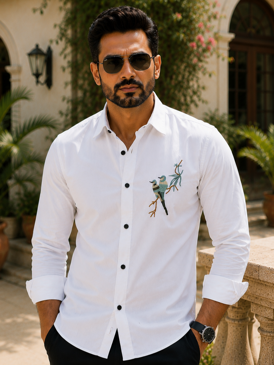 WHITE EMBROIDERED DESIGNER SATIN COTTON SHIRT MEN'S
