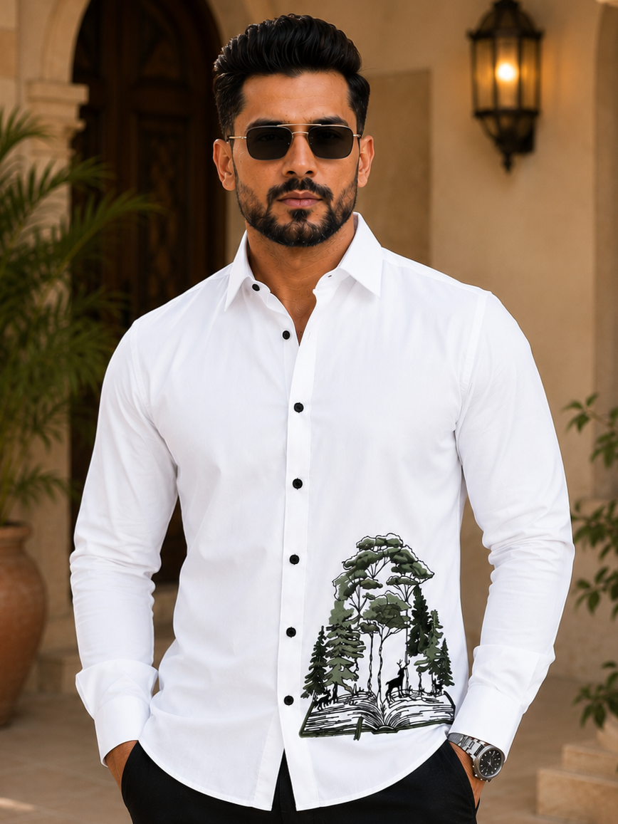 WHITE EMBROIDERED DESIGNER SATIN COTTON SHIRT MEN'S