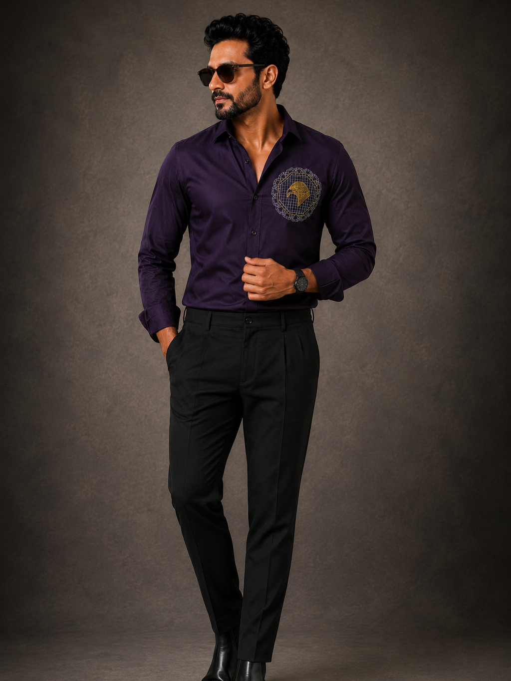 DARK PURPLE EMBROIDERED DESIGNER SATIN COTTON SHIRT MEN'S