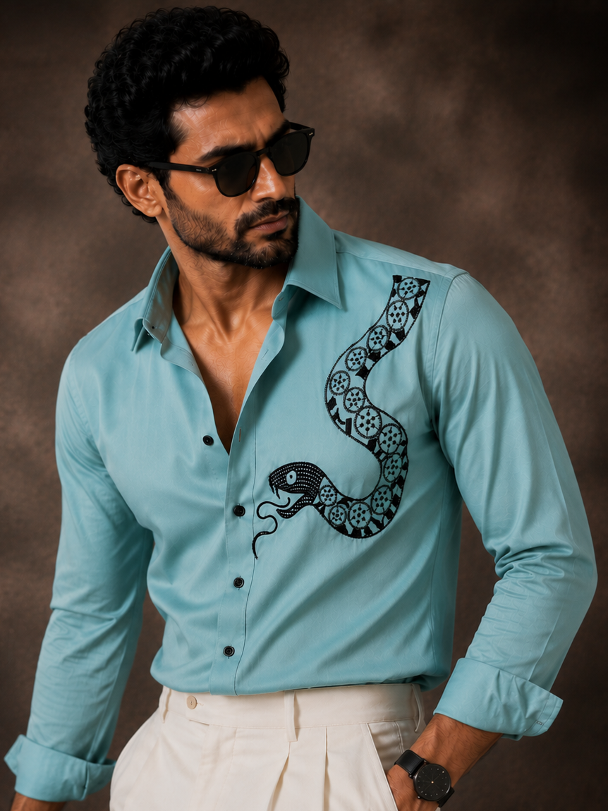 CYAN EMBROIDERED DESIGNER SATIN COTTON SHIRT MEN'S