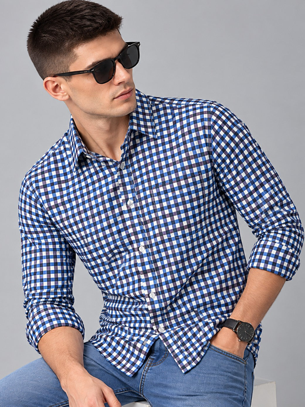 Men Premium Navy Blue Regular Fit Checked Formal, Casual Shirt
