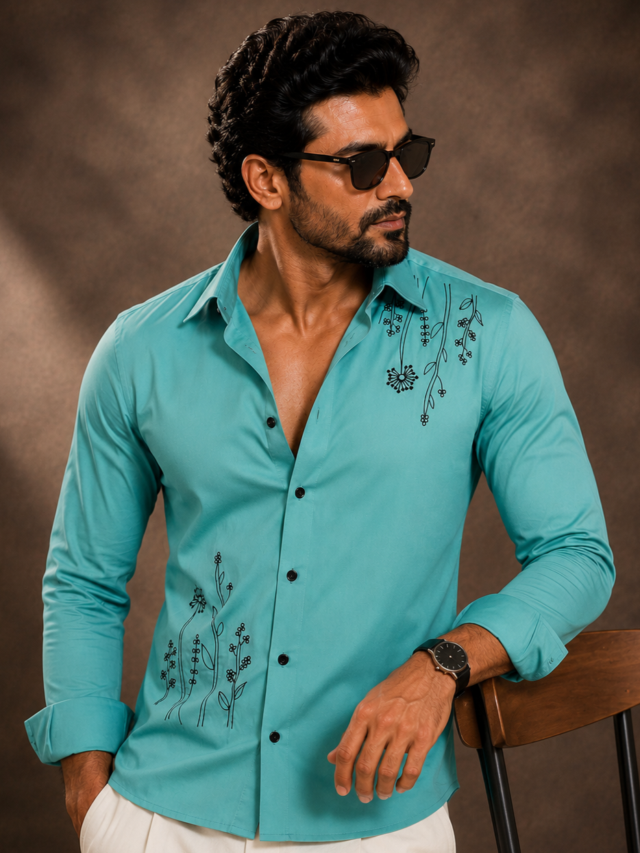CYAN EMBROIDERED DESIGNER SATIN COTTON SHIRT MEN'S