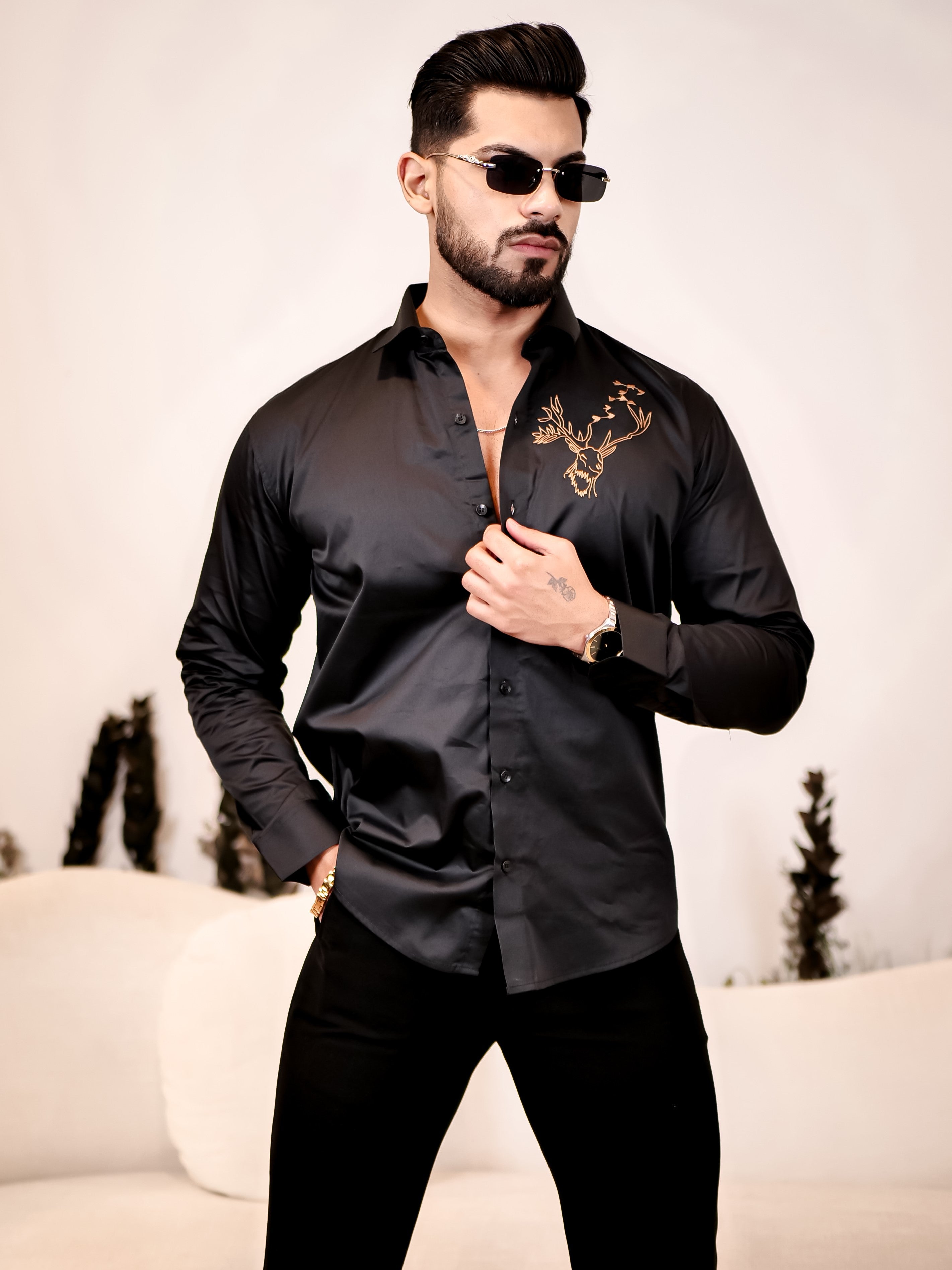 Reindeer Embroidered Black Luxury Cotton Shirt