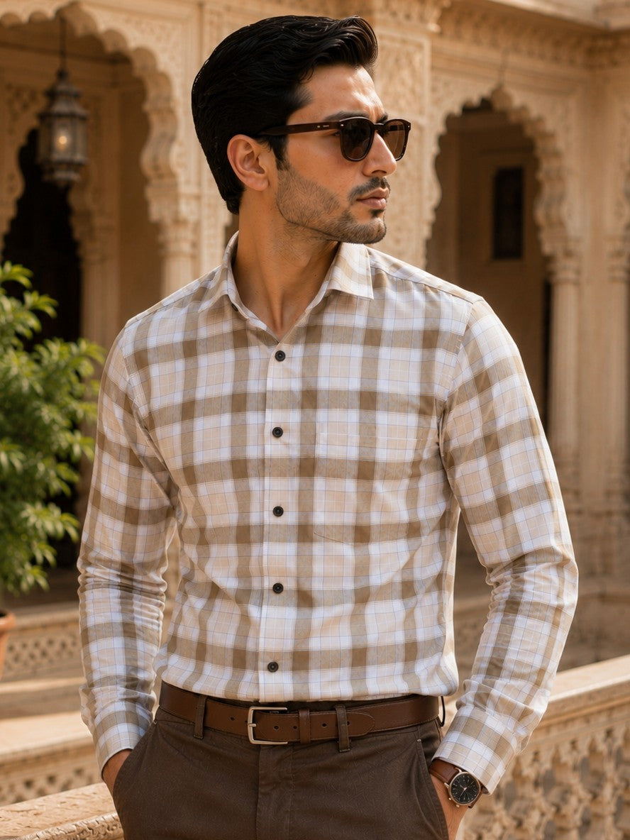 SQUARE WOOD CHECKED COTTON CASUAL SHIRT FOR MEN'S