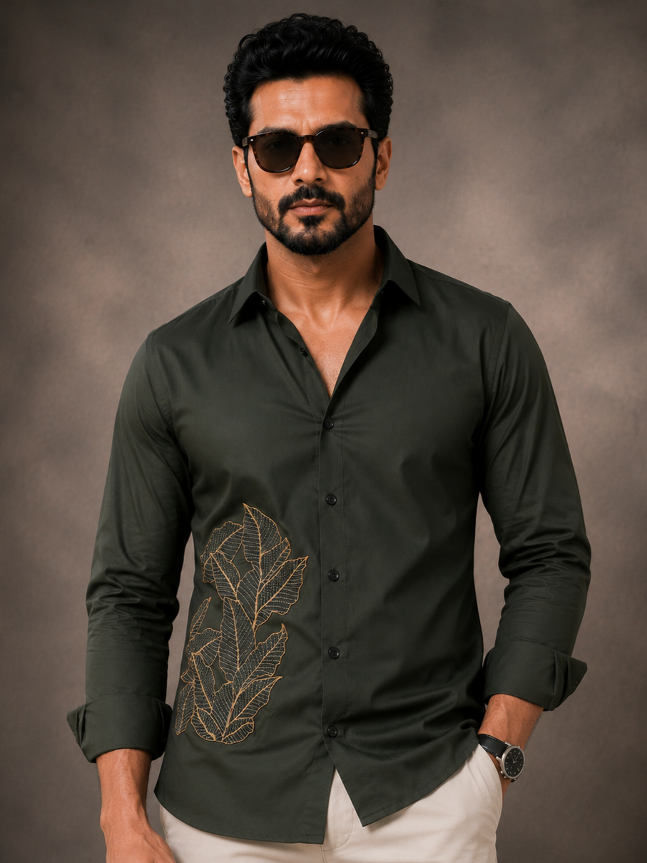 OLIVE EMBROIDERED DESIGNER SATIN COTTON SHIRT MEN'S