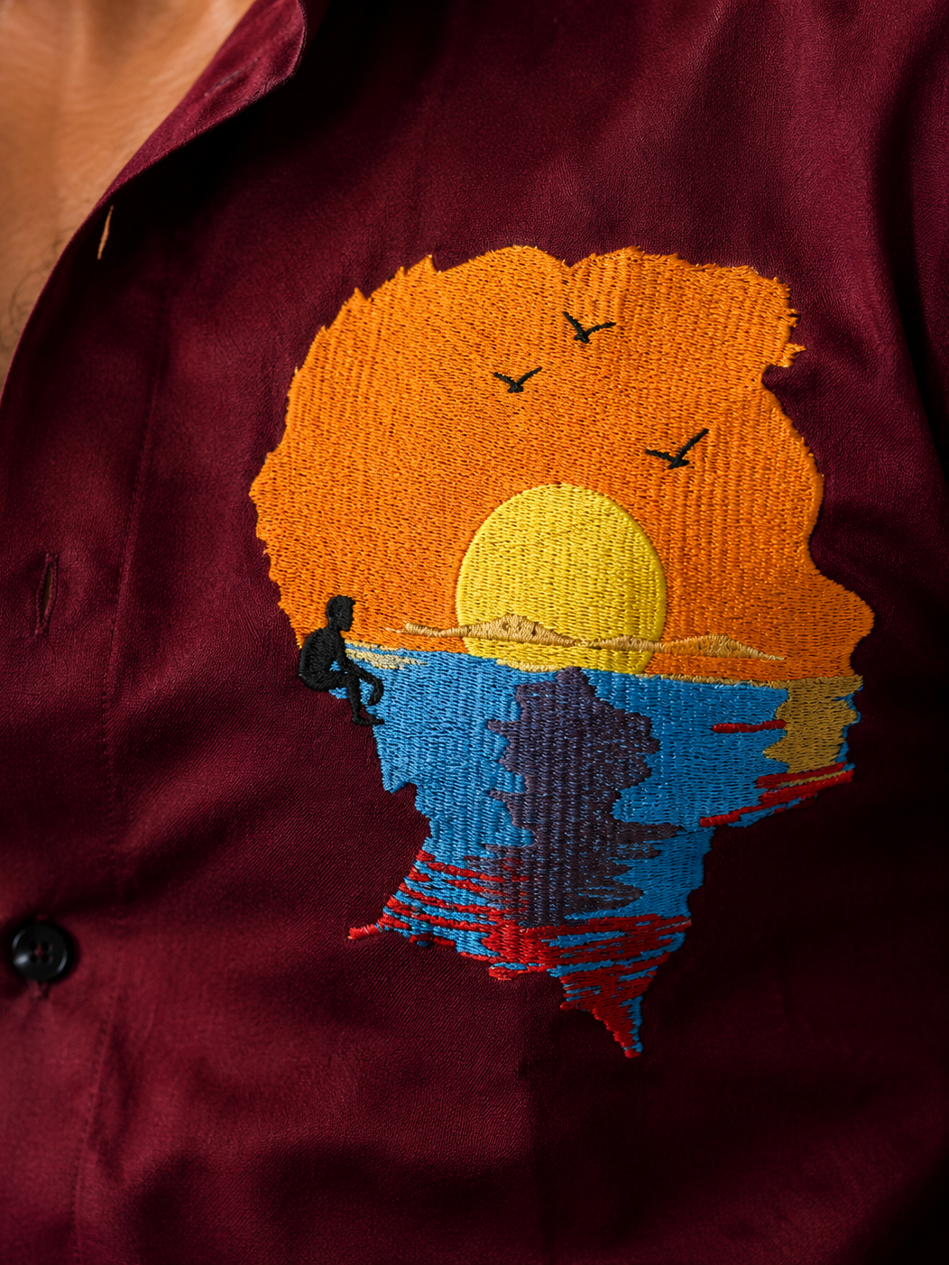 MAROON EMBROIDERED DESIGNER SATIN COTTON SHIRT MEN'S