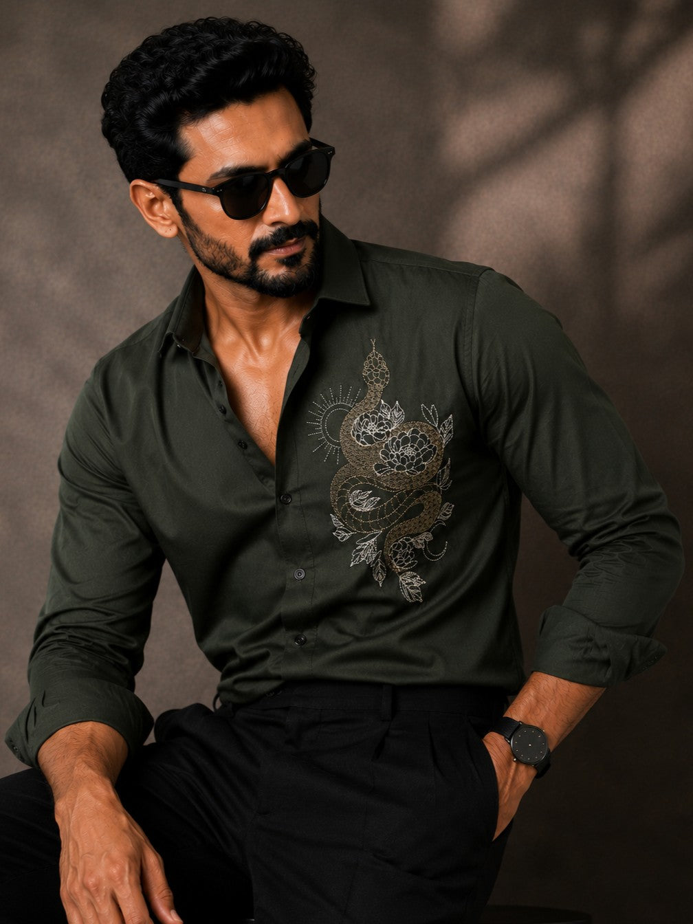 OLIVE EMBROIDERED DESIGNER SATIN COTTON SHIRT MEN'S