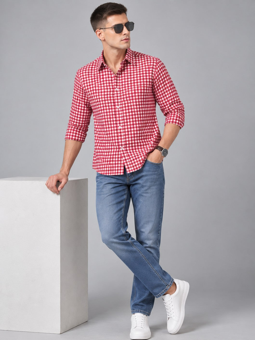 Men Premium Maroon Regular Fit Checked Formal, Casual Shirt