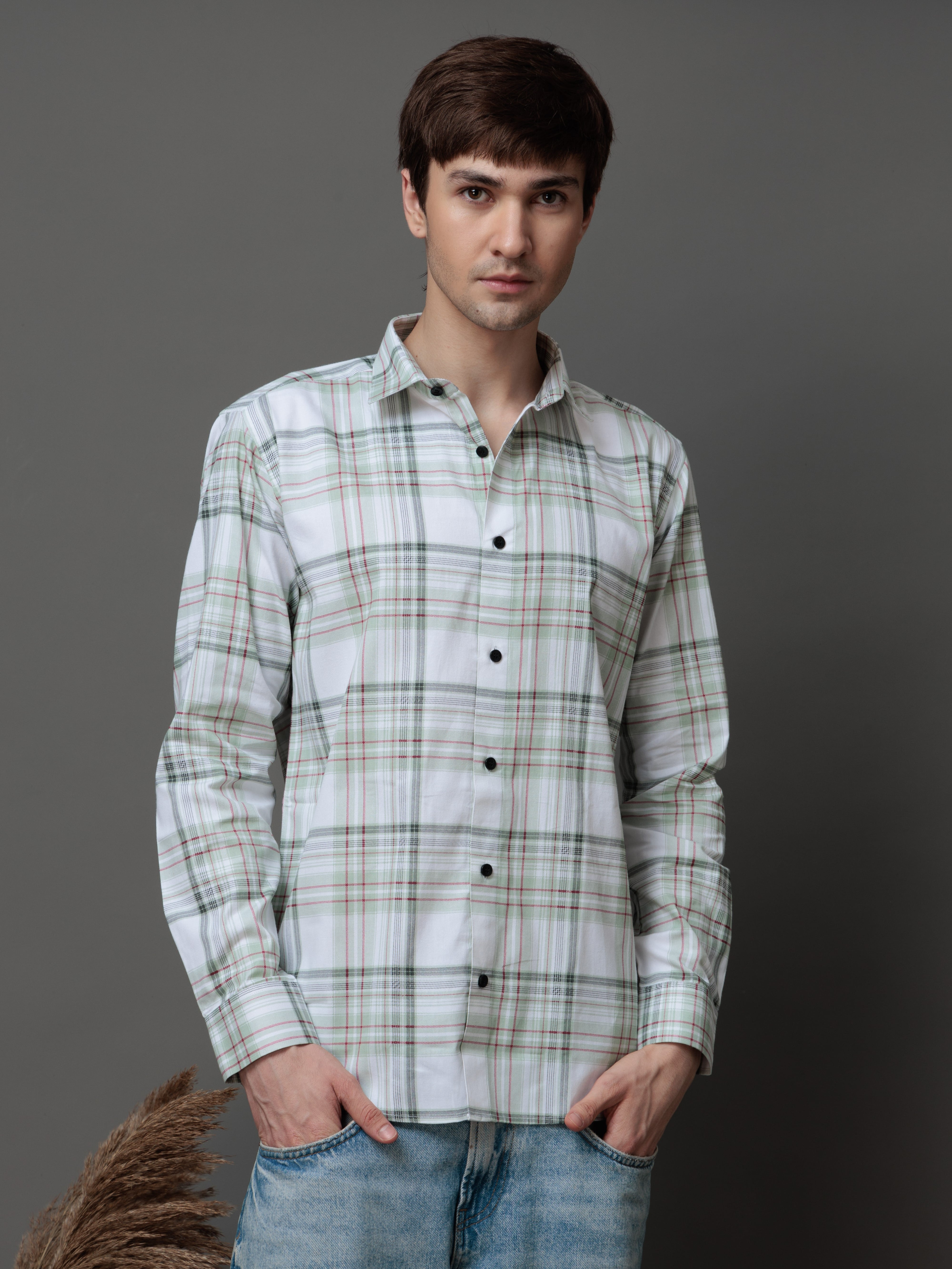 BOX GREEN CHECKED COTTON CASUAL SHIRT FOR MEN&#39;S