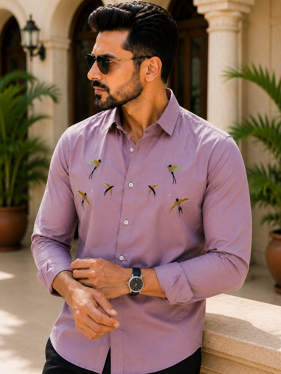 MAGENTO BIRDS EMBROIDERED DESIGNER SATIN COTTON SHIRT MEN'S