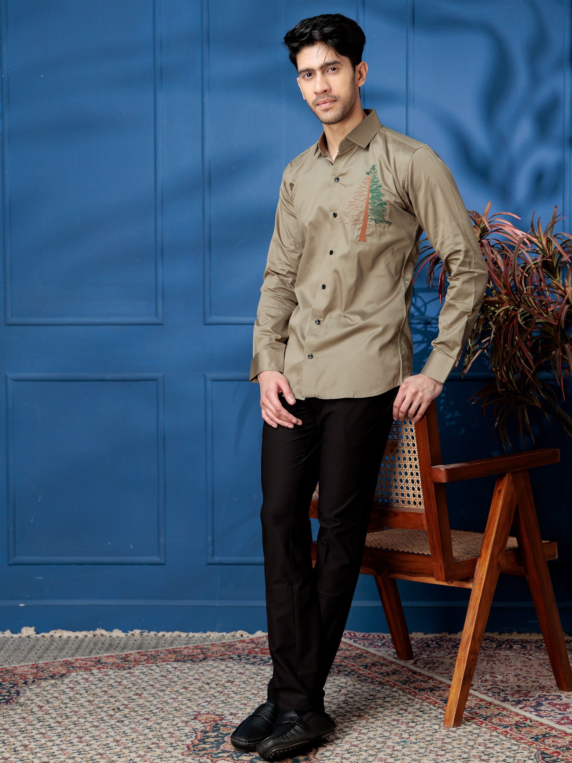FOOMER TREE EMBROIDERED GREEN LUXURY COTTON SHIRT FOR MEN