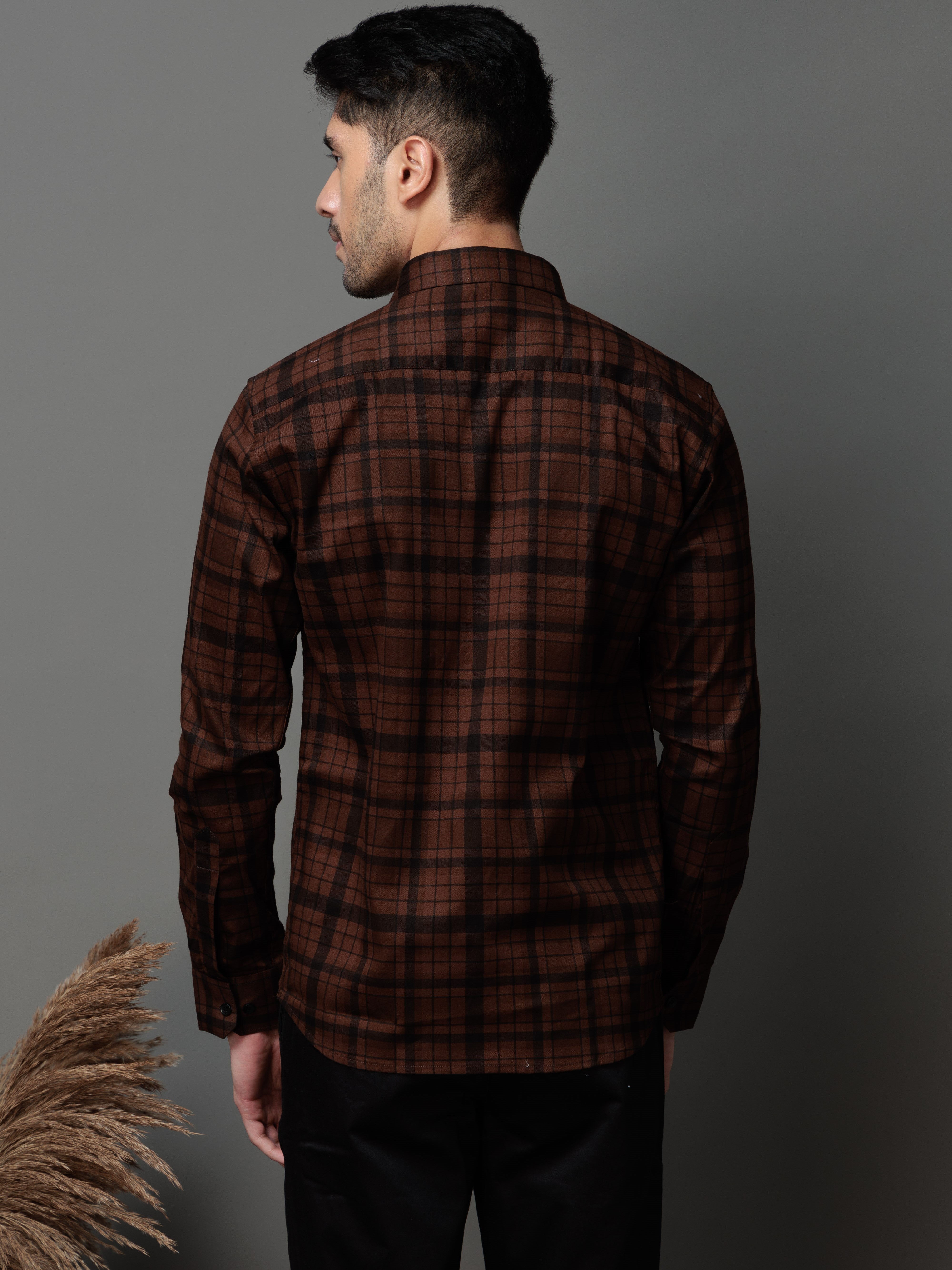 BROWN CHECKS PRINTED COTTON CASUAL SHIRT FOR MEN&#39;S
