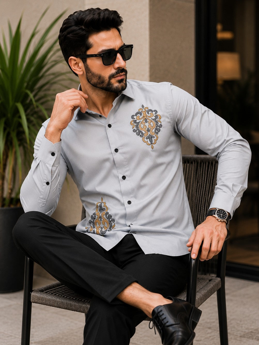 GREY TRADITIONAL EMBROIDERED DESIGNER SATIN COTTON SHIRT MEN'S