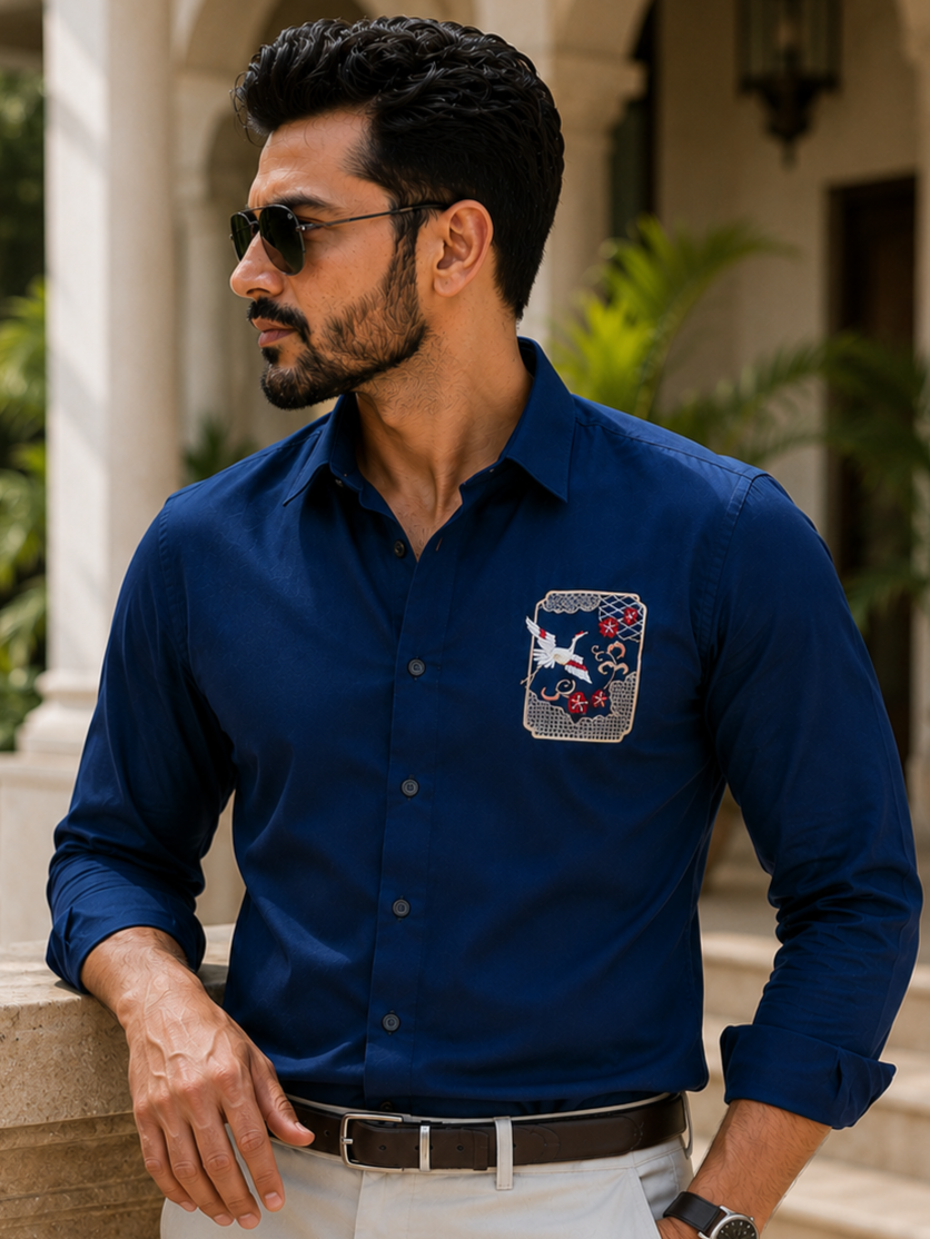 NAVY BLUE EMBROIDERED DESIGNER SATIN COTTON SHIRT MEN'S