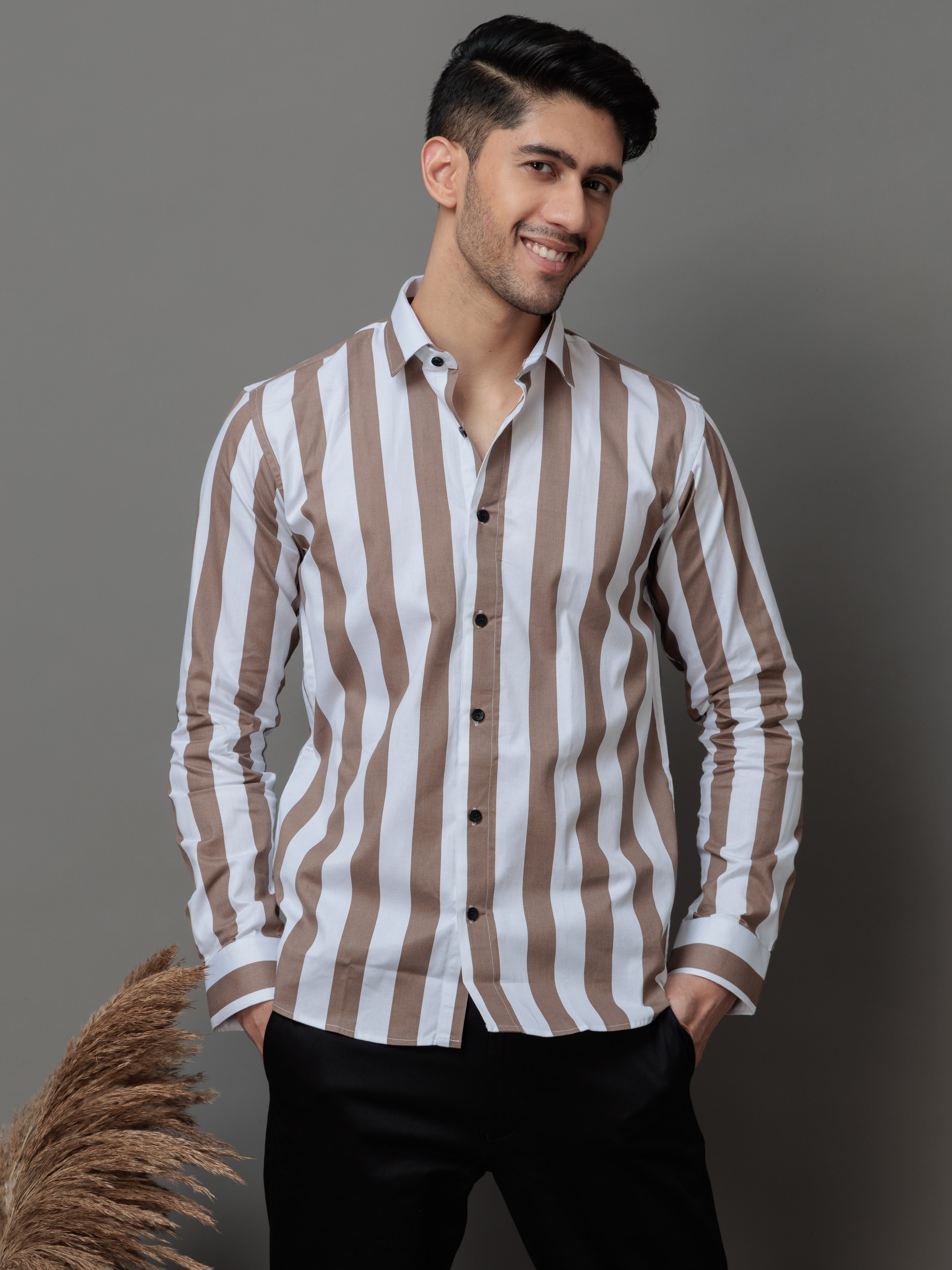 METALLIC BROWN STRIPED COTTON CASUAL SHIRT FOR MEN&#39;S