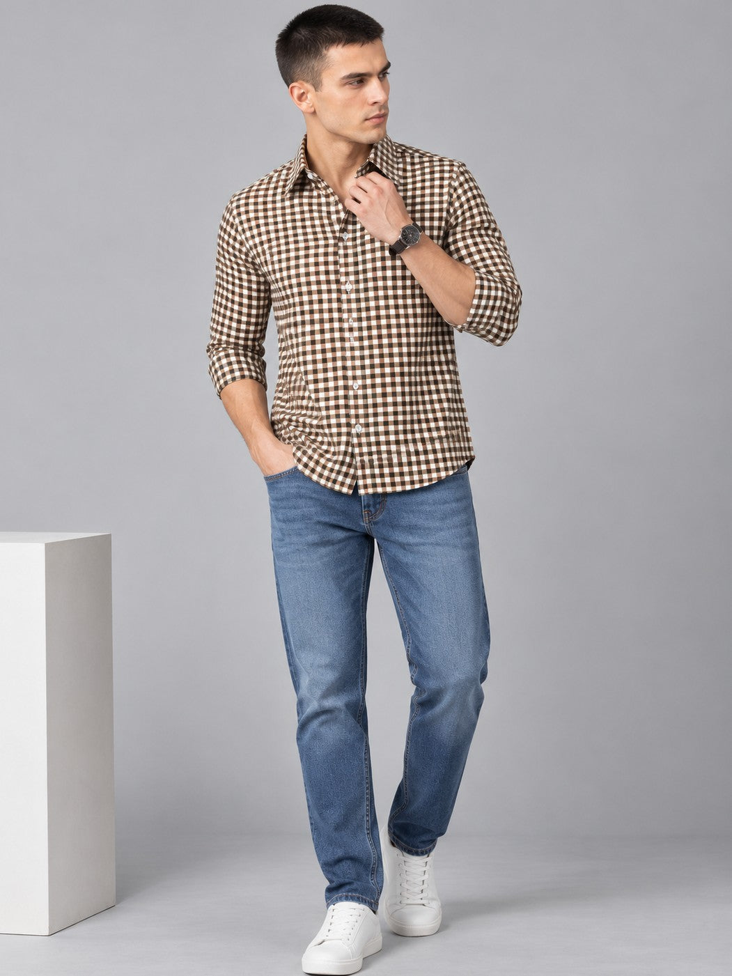 Men Premium Brown Regular Fit Checked Formal, Casual Shirt