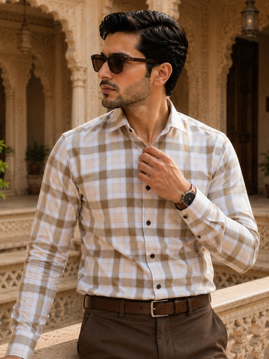 SQUARE WOOD CHECKED COTTON CASUAL SHIRT FOR MEN'S