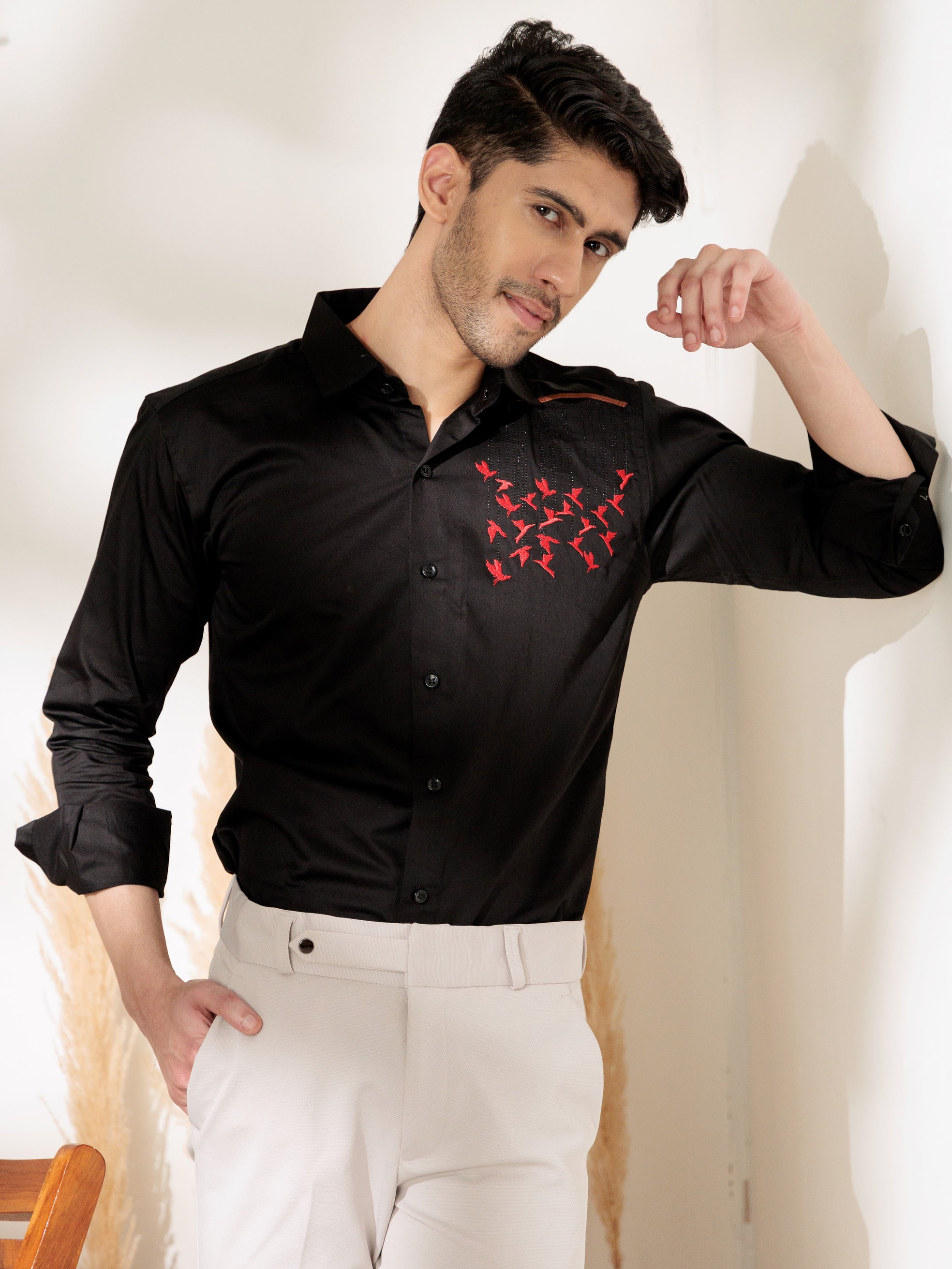 FOOMER BLACK EMBROIDERED DESIGNER WEAR SATIN COTTON SHIRT FOR MEN