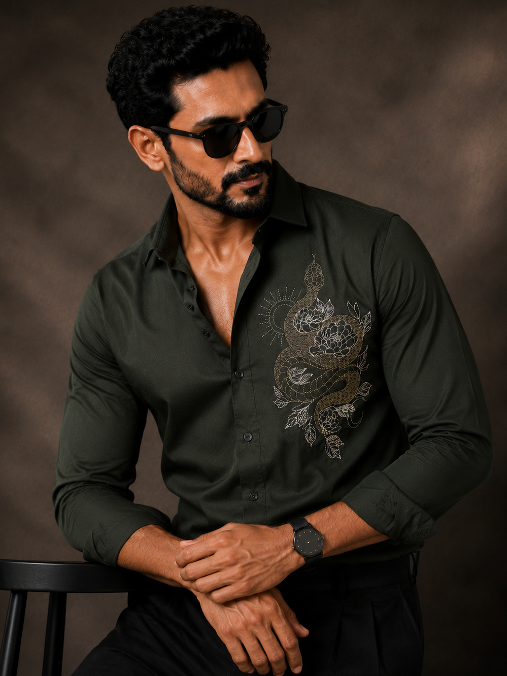 OLIVE EMBROIDERED DESIGNER SATIN COTTON SHIRT MEN'S