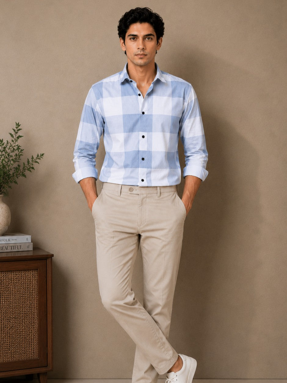 FOOMER GREY CHECKED COTTON CASUAL SHIRT FOR MEN'S