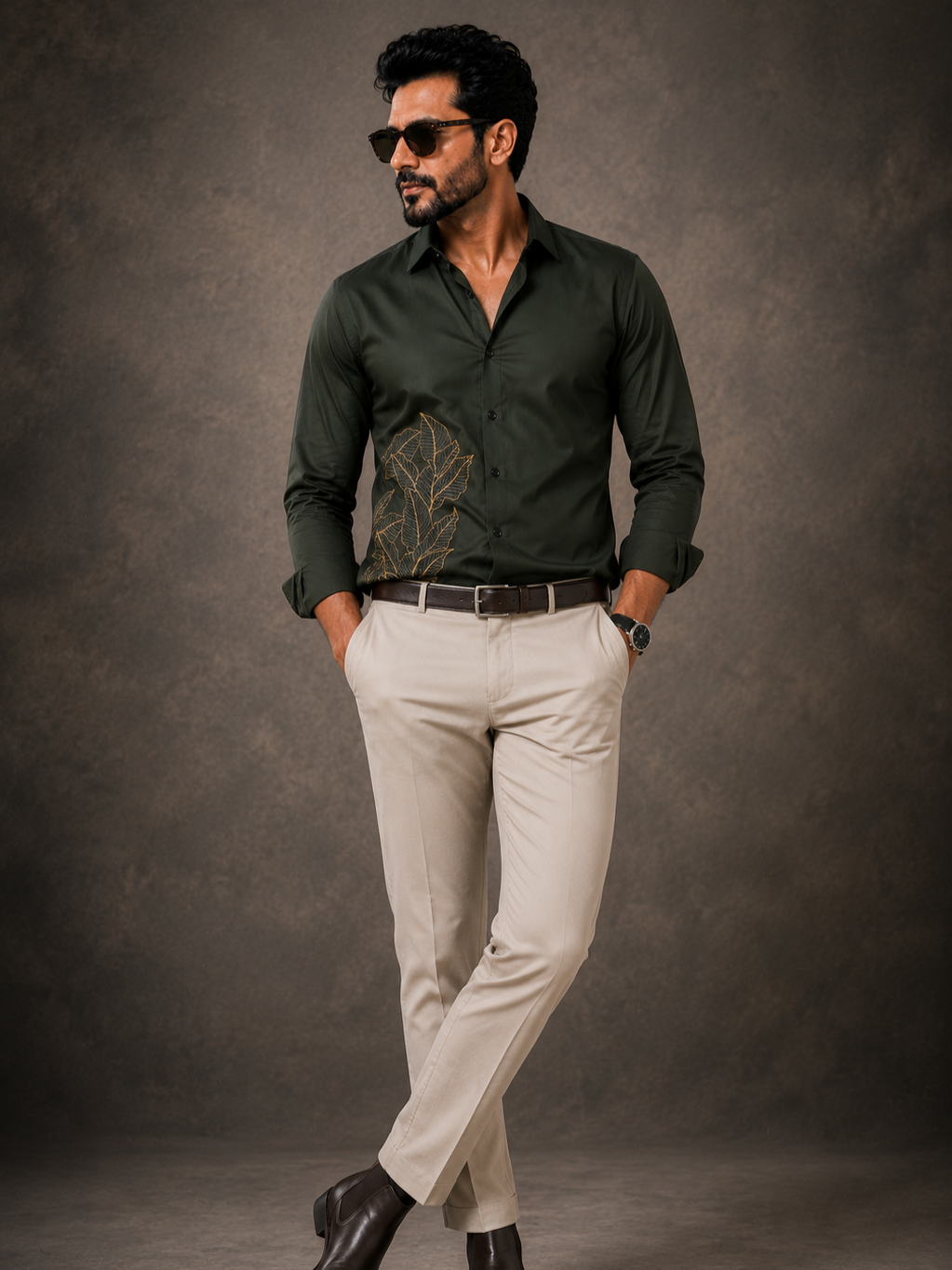 OLIVE EMBROIDERED DESIGNER SATIN COTTON SHIRT MEN'S