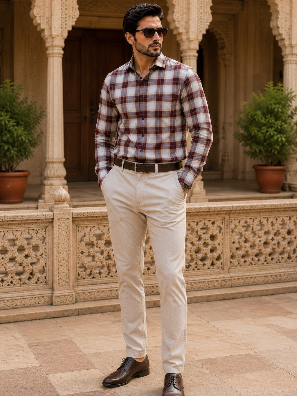 SQUARE WINE CHECKED COTTON CASUAL SHIRT FOR MEN'S