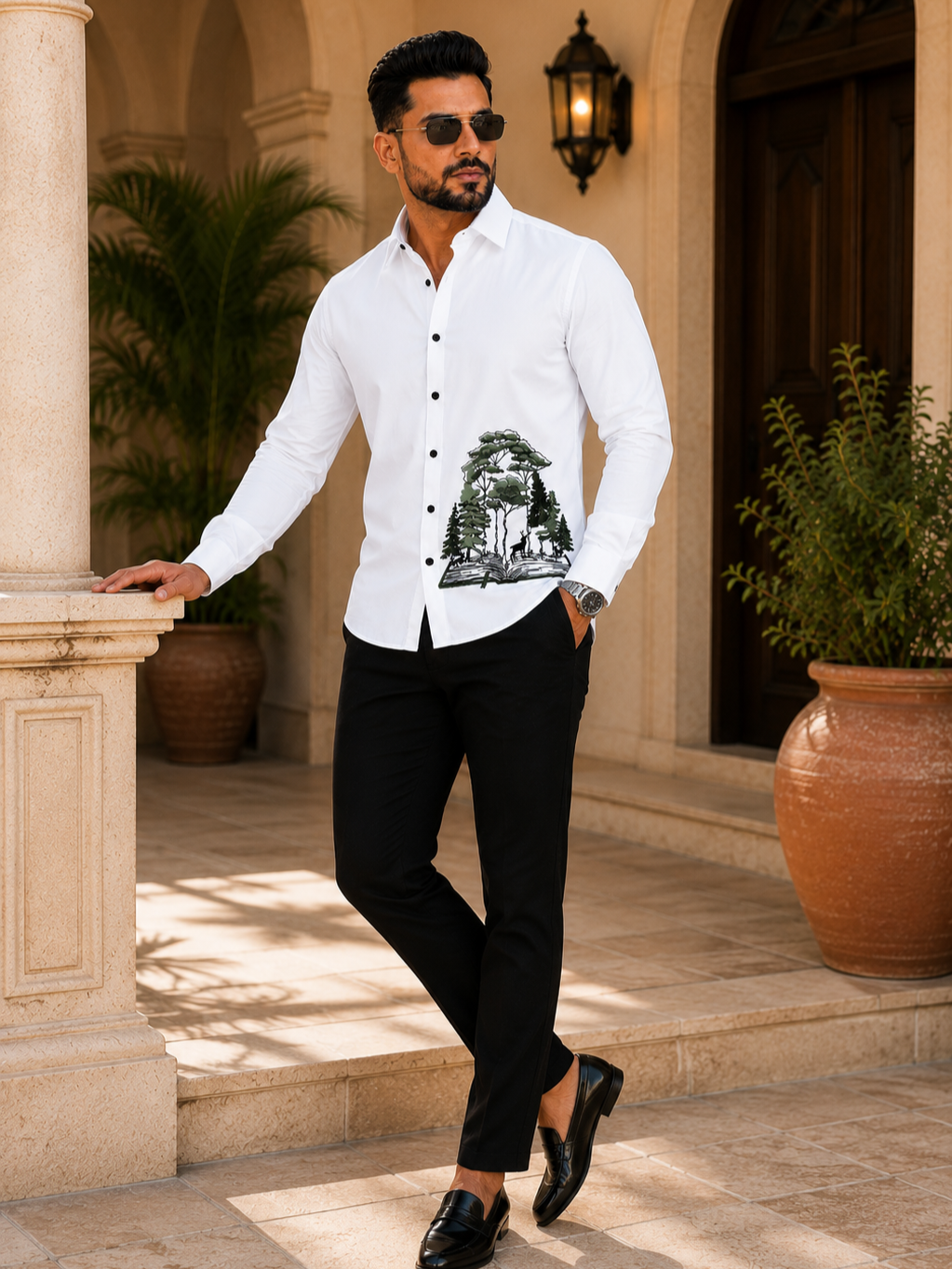 WHITE EMBROIDERED DESIGNER SATIN COTTON SHIRT MEN'S