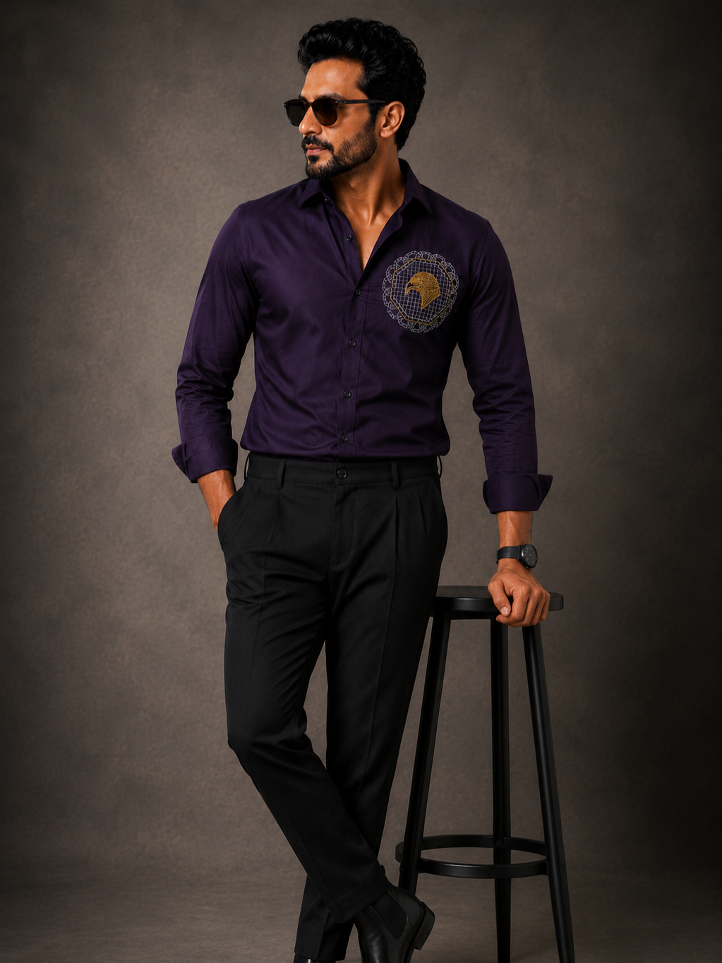 DARK PURPLE EMBROIDERED DESIGNER SATIN COTTON SHIRT MEN'S