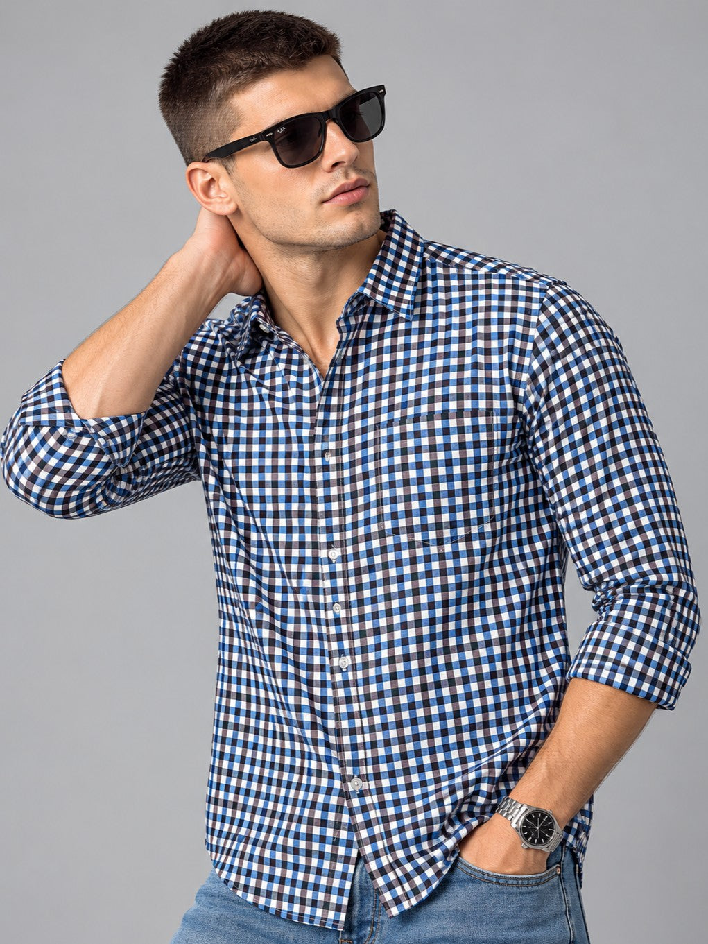 Men Premium Navy Blue Regular Fit Checked Formal, Casual Shirt