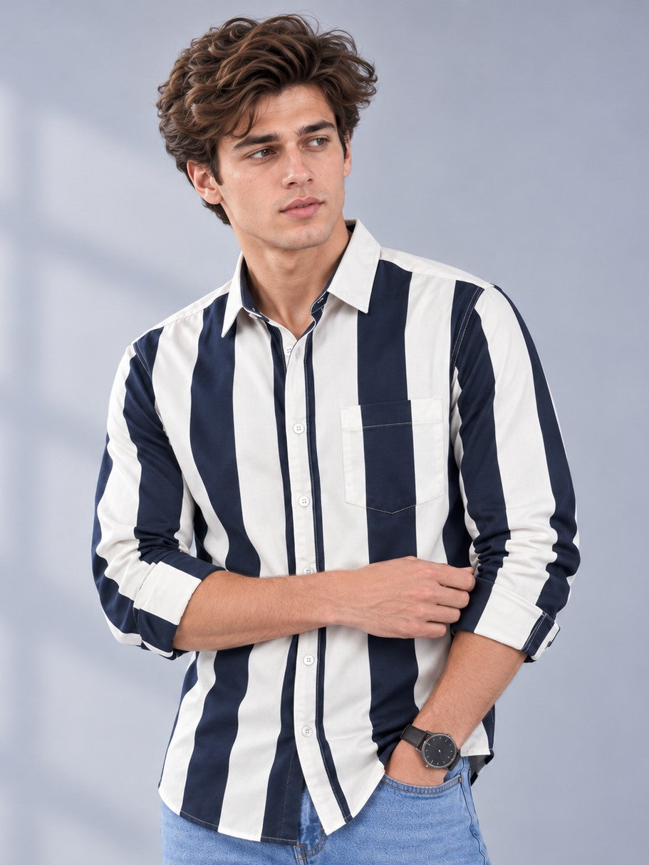 Men Navy Striped Regular Fit Formal, Casual Wear Shirt