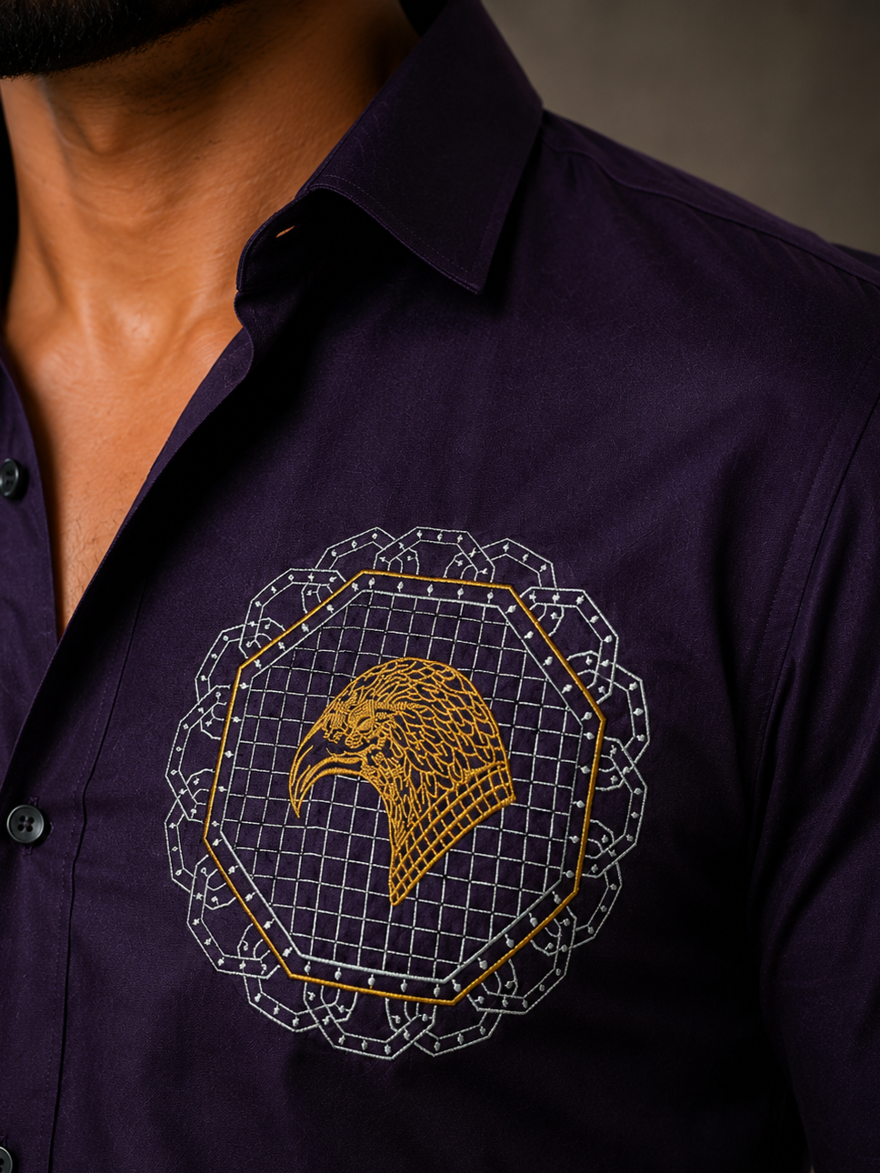 DARK PURPLE EMBROIDERED DESIGNER SATIN COTTON SHIRT MEN'S