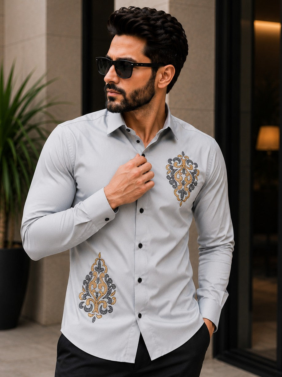GREY TRADITIONAL EMBROIDERED DESIGNER SATIN COTTON SHIRT MEN'S