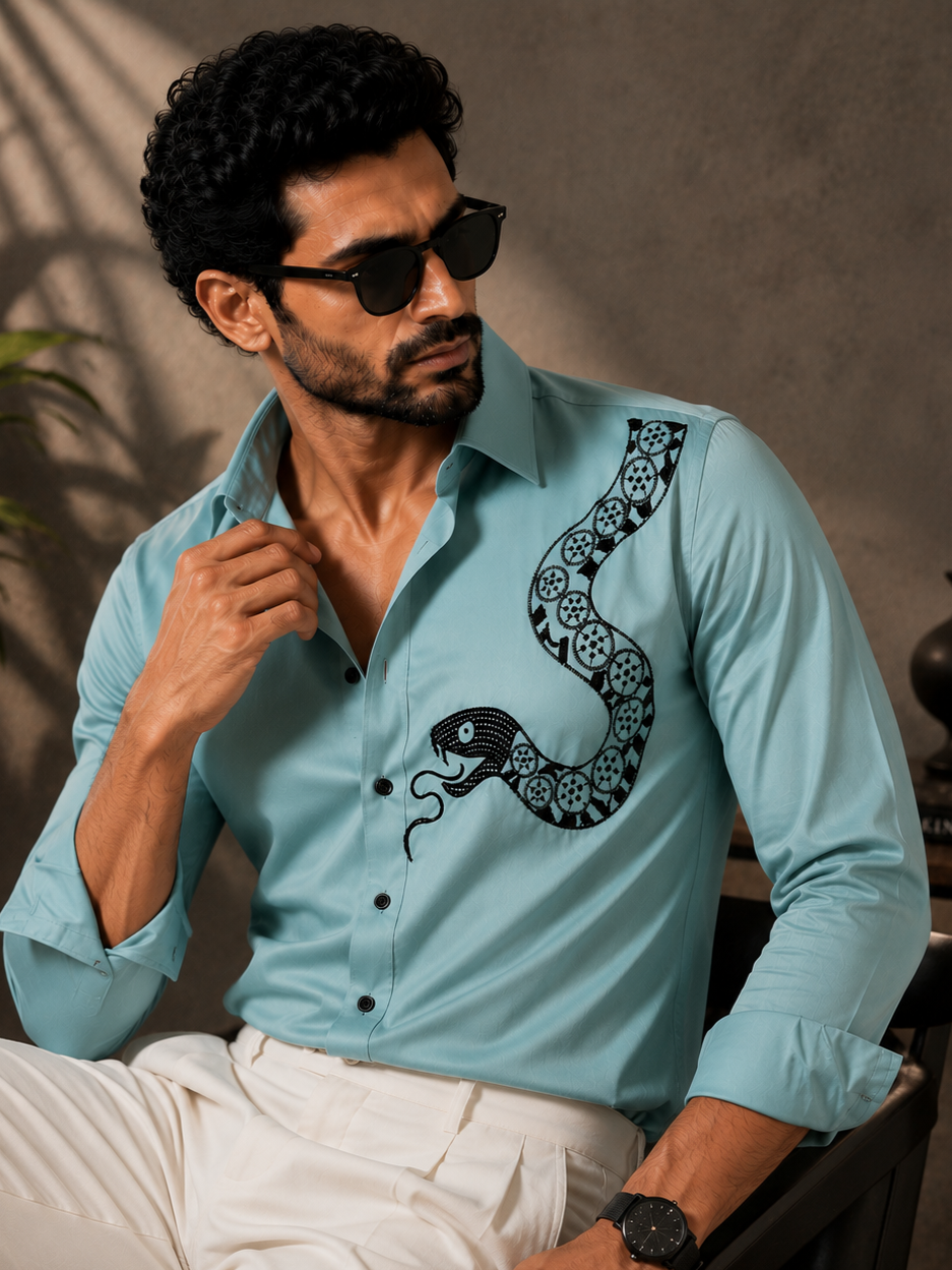CYAN EMBROIDERED DESIGNER SATIN COTTON SHIRT MEN'S