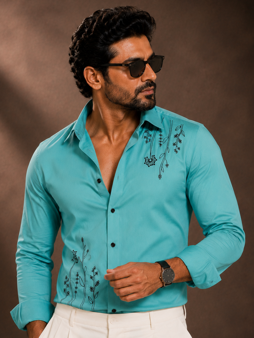 CYAN EMBROIDERED DESIGNER SATIN COTTON SHIRT MEN'S