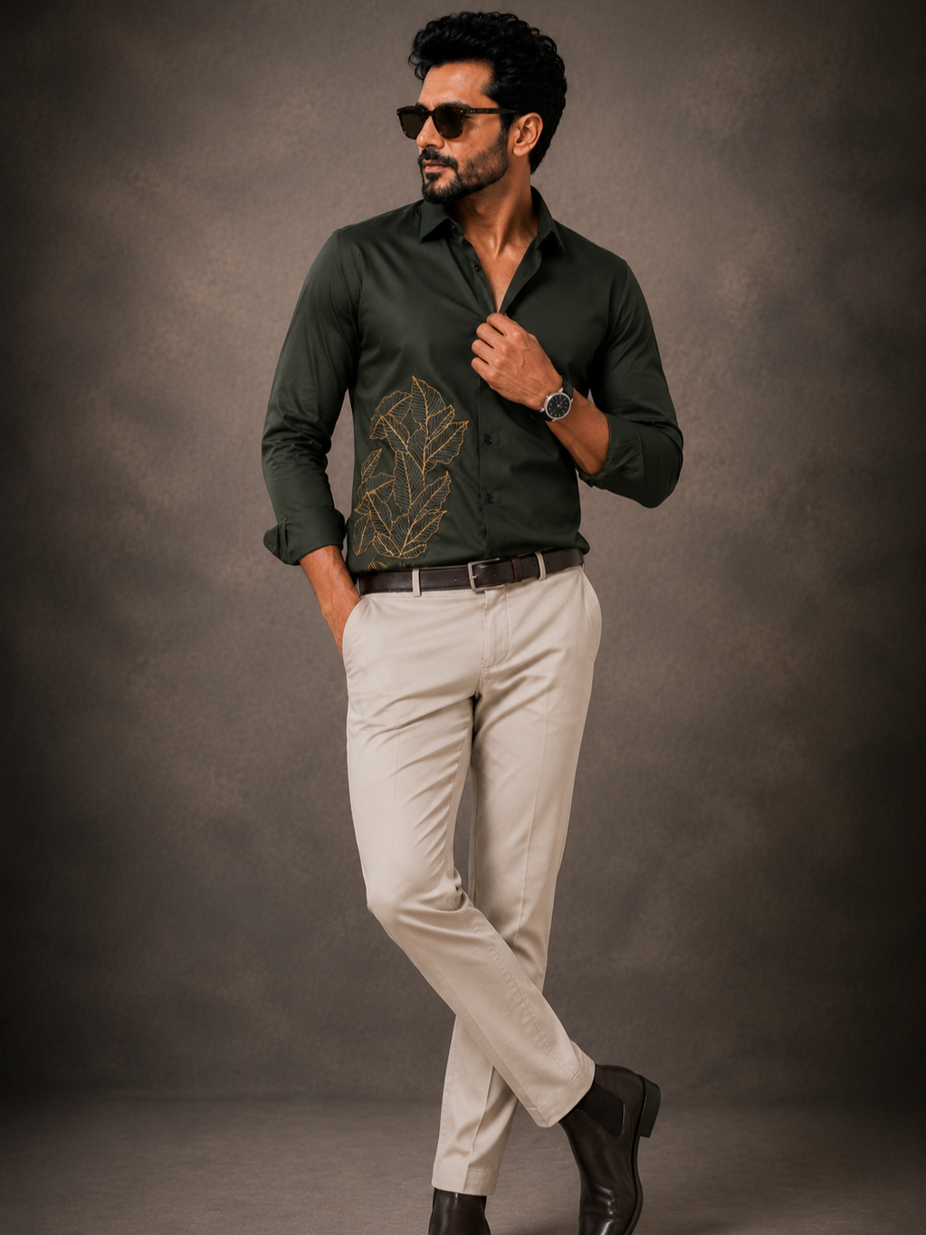 OLIVE EMBROIDERED DESIGNER SATIN COTTON SHIRT MEN'S