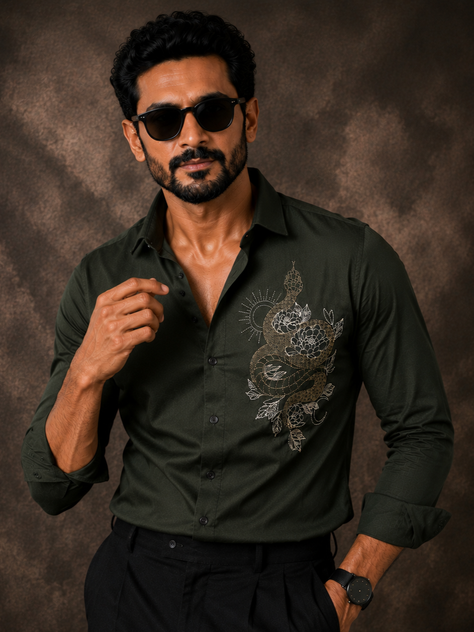 OLIVE EMBROIDERED DESIGNER SATIN COTTON SHIRT MEN'S